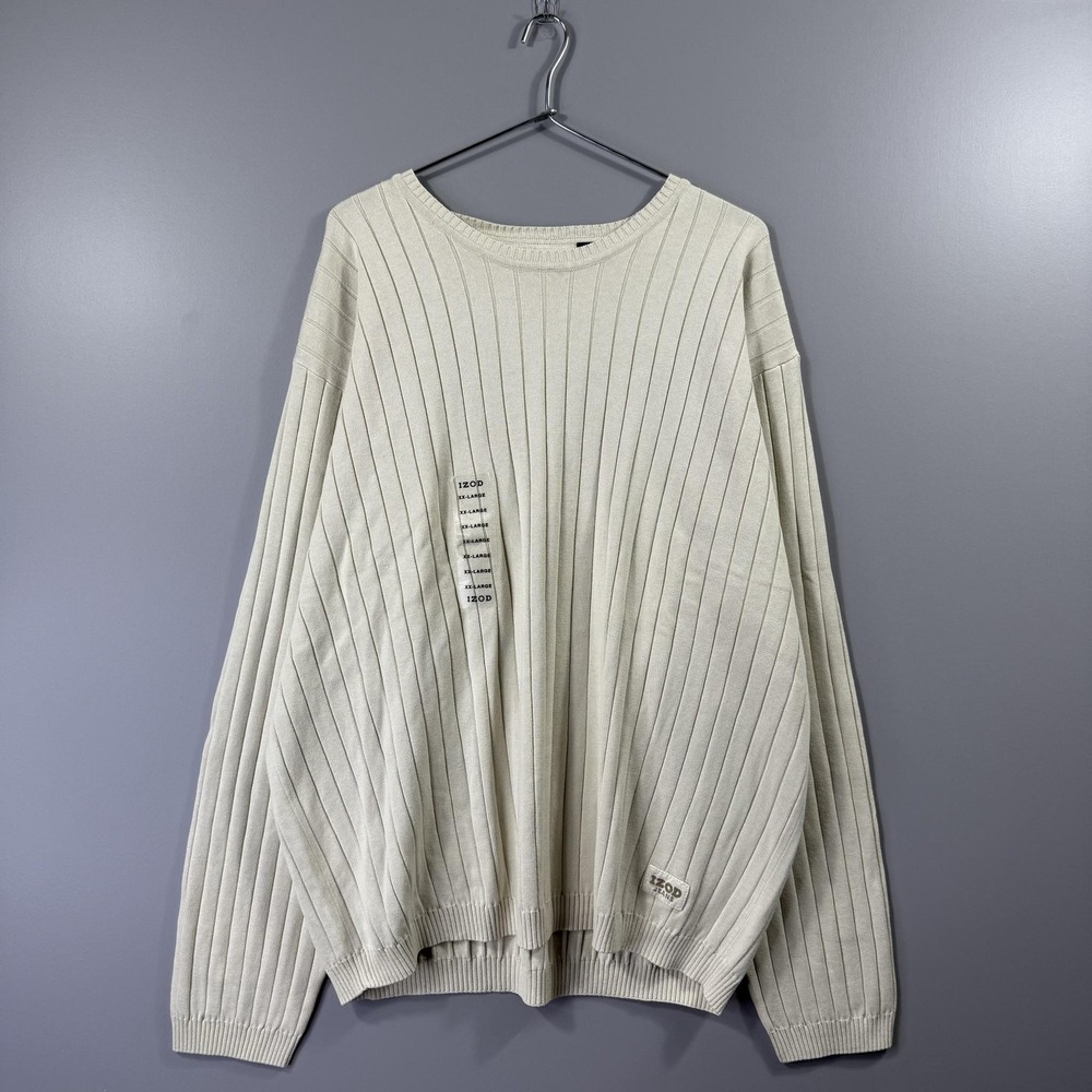 NWT IZOD Jeans Sweater Mens 2XL Beige 100% Cotton Rib Knit Rock Washed Crewneck